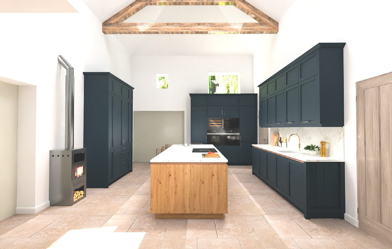 Schüller Newport kitchen in Deep Blue Satin - wide view with Bari oak handleless island, quartz worktops, integrated ovens and log burner. Genuine German kitchen delivered to UK client.