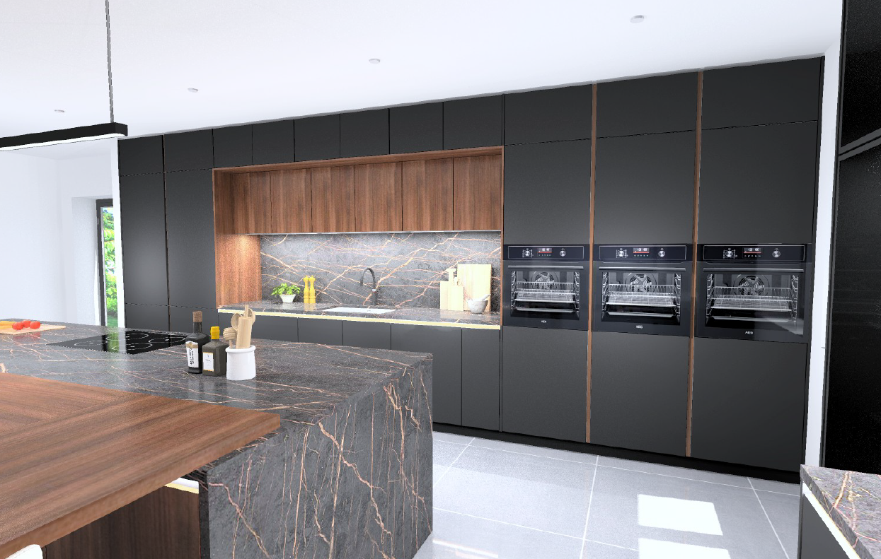 Nobilia Senso Premium Honed Black AFP handleless kitchen with Structura Havana Oak accents, marble-effect worktops, triple AEG ovens and grip-rail LED lighting - genuine German kitchen delivered to the UK.