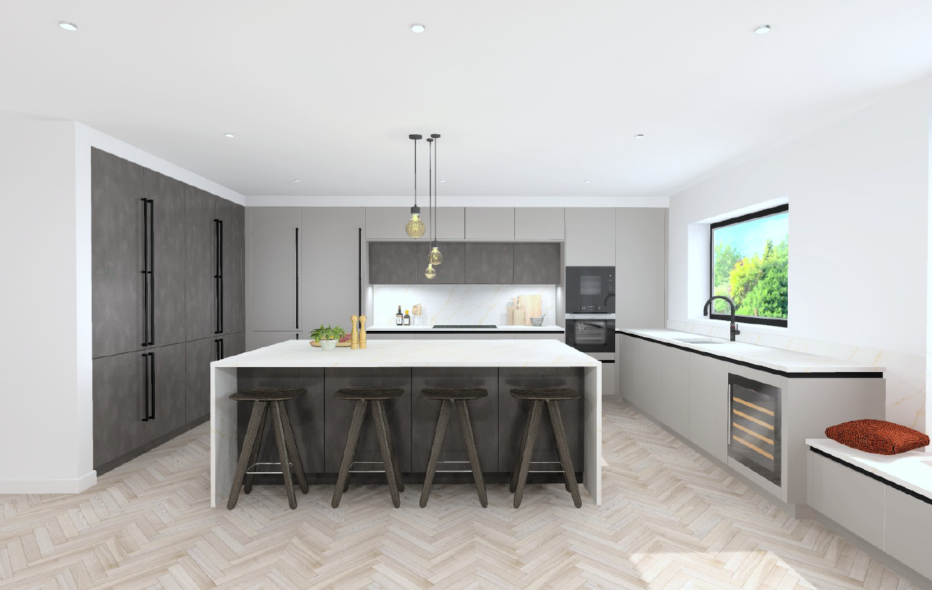 Schüller Matera Colour Cashmere Brown handleless kitchen with Targa Dark Steel tall units, waterfall quartz island, four bar stools and bay window seat - genuine German kitchen delivered to the UK.