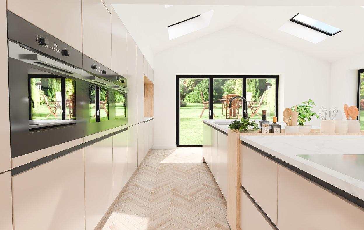 Nobilia Senso Premium Honed Macchiato AFP handleless kitchen run with triple ovens, Riva SanRemo Oak reveal, herringbone oak floor and vaulted ceiling with skylights - genuine German kitchen delivered to the UK.
